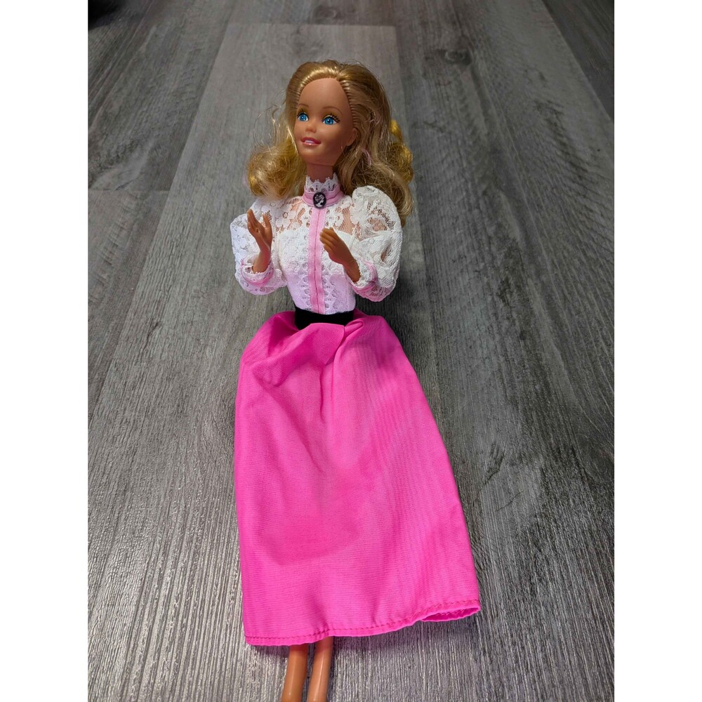 Vintage Barbie Doll Blonde Hair Blue Eyes Pink Skirt White Lace Top Fashion